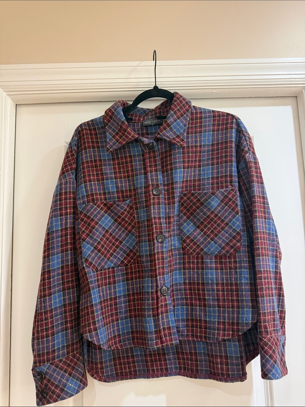 Dress Forum Burgundy and Blue Plaid Button-Up Shacket